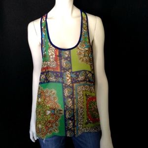 Ladies Sheer Polyester Printed Blue Multicolor Racer Back Tank By Soprano Size S